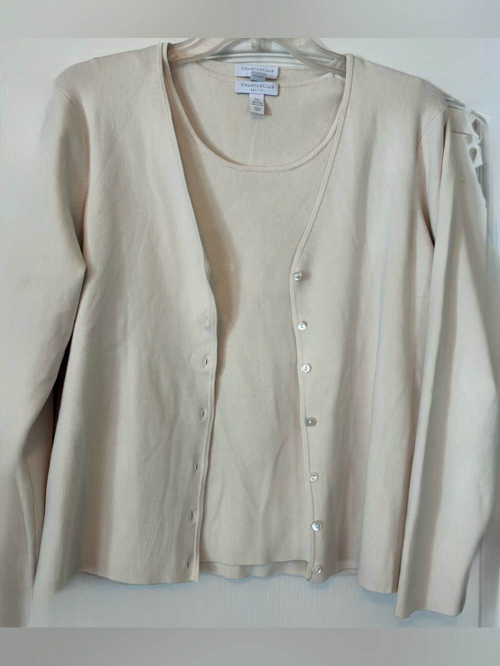Charter Club Petite Silk Blend 2 Piece Cardigan Sweater Set Cream Ivory Sz P/L